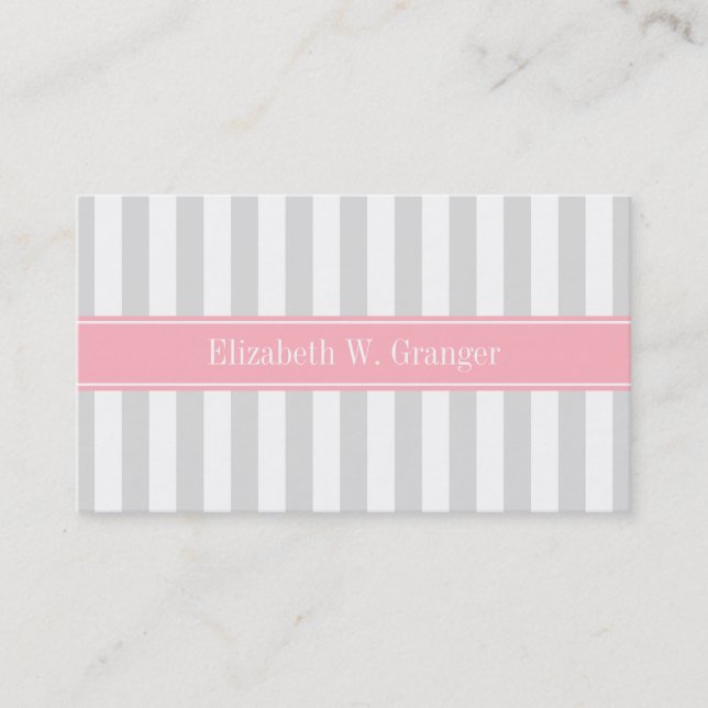 Lt Gray White Strip Pink Name Monogram Visitenkarte (Vorderseite)