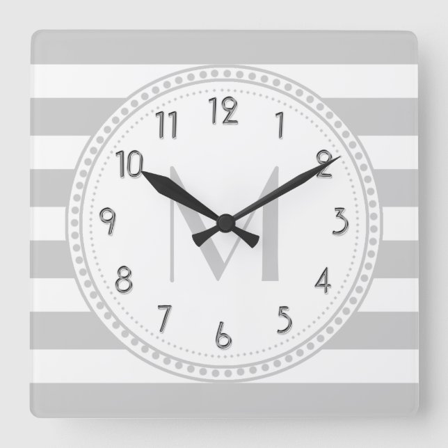 Lt Gray | White Stripes Pattern Monogram Quadratische Wanduhr (Vorderseite)
