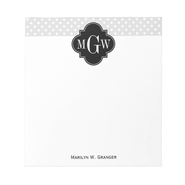Lt Gray Wht Polka Dots Black Quatrefolie 3 Monogra Notizblock (Vorderseite)