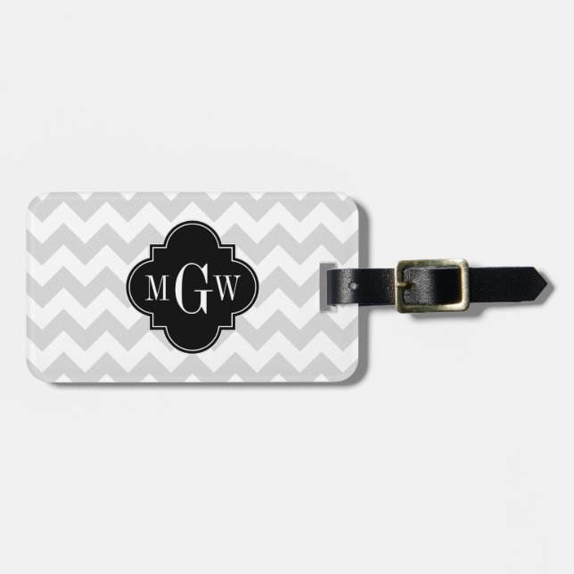 Lt Gray WhZickzack Black Quatrefolie 3 Monogramm Gepäckanhänger (Vorderseite horizontal)