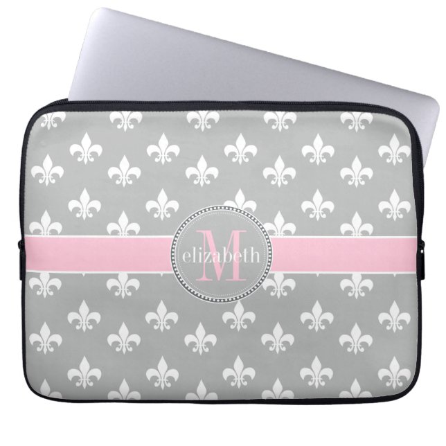 Lt Grey Pink White Lilie Monogram Laptopschutzhülle (Vorderseite)