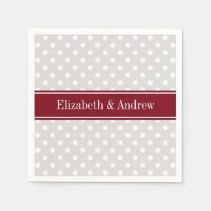 Lt Grey White Polka Dots Burgundy Name Monogram Serviette
