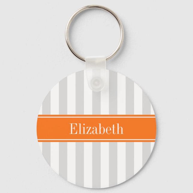 Lt Grey White Stripe Pumpkin Orange Name Monogram Schlüsselanhänger (Vorderseite)