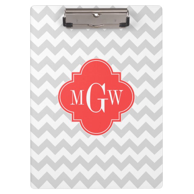 Lt Grey White Zickzack Coral Quatrefolie Monogramm Klemmbrett (Vorderseite)