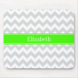 Lt Grey White Zickzack Lime Green Name Monogram Mousepad