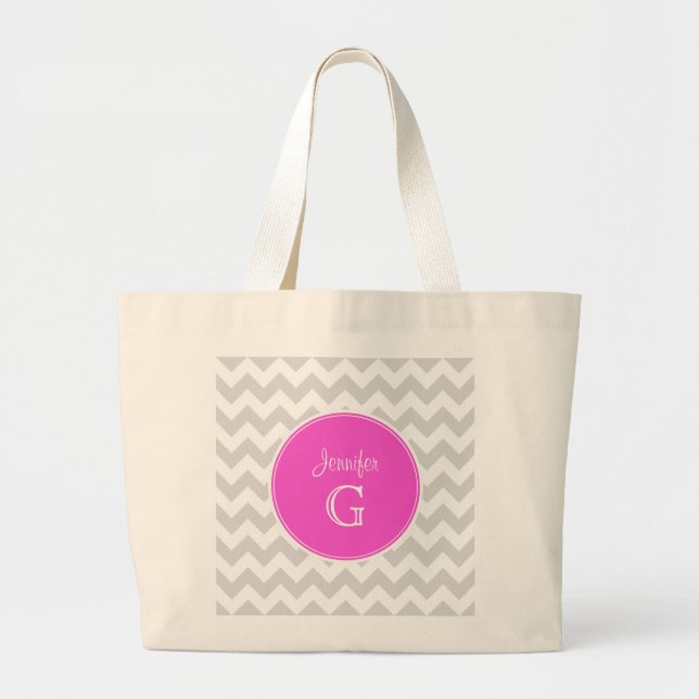 Lt Grey White Zickzack Rnd Hot Pink Name Monogram Jumbo Stoffbeutel (Vorne)