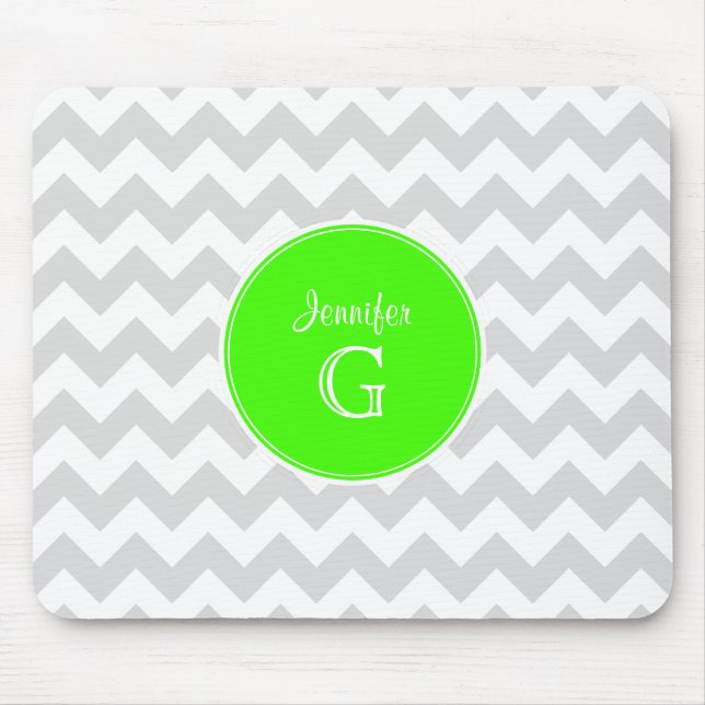 Lt Grey White Zickzack Rnd Lime Green Name Monogra Mousepad (Vorne)
