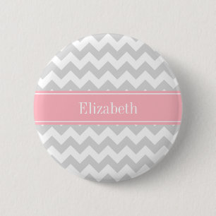 Lt Grey White Zickzack Zigzag Pink Name Monogram Button