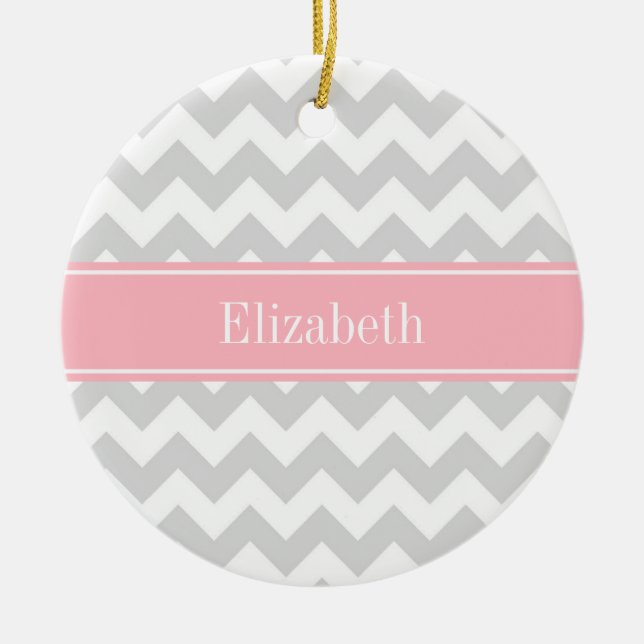 Lt Grey White Zickzack Zigzag Pink Name Monogram Keramikornament (Vorne)
