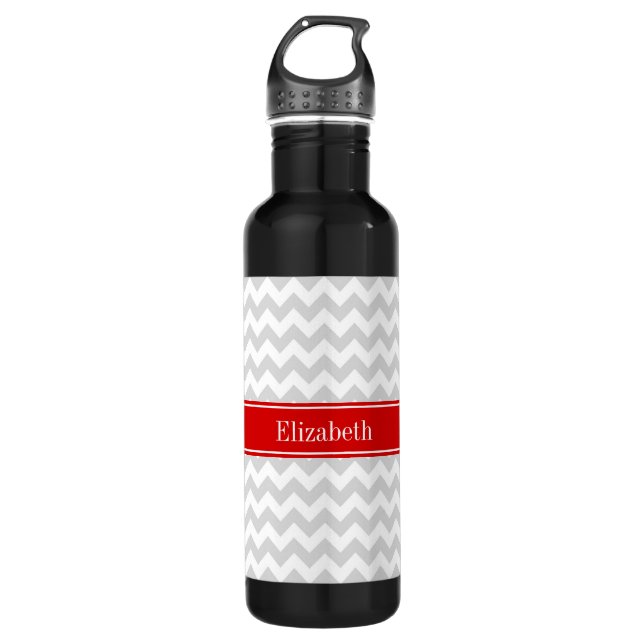 Lt Grey White Zickzack Zigzag Red Name Monogram Trinkflasche (Vorderseite)