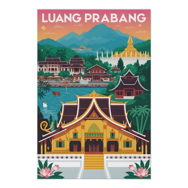 Luang Prabang Laos Retro-Reiseposter-Kunst Poster (Vorderseite)