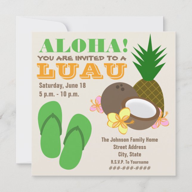 Luau Aloha - Ananas Flip Flops Coconut Hibiskus Einladung (Vorderseite)