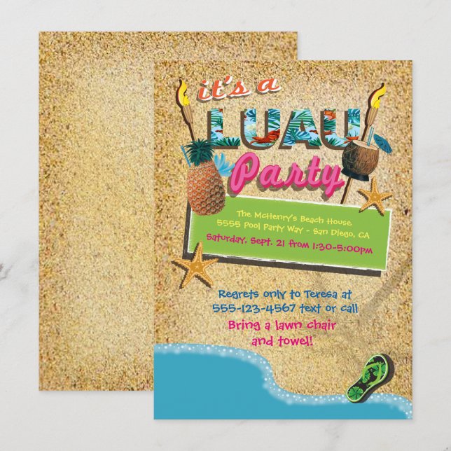 Luau Beach Tiki Tropische Party Einladungen (Vorne/Hinten)