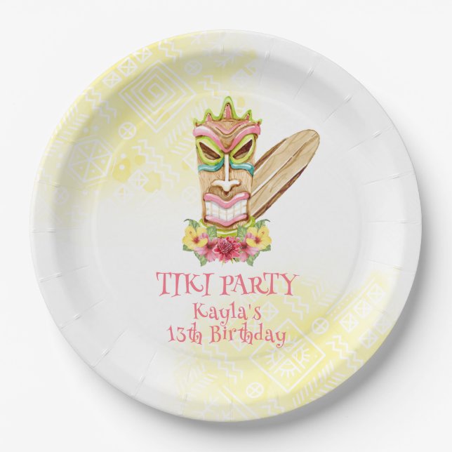 Luau Birthday Paper Teller mit Tiki God & Blume (Vorderseite)