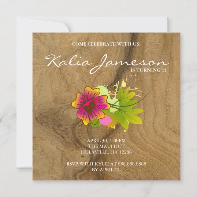 Luau Birthday Party Einladung Hibiskus Blume Eiche (Vorderseite)