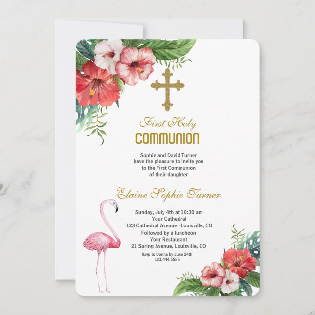 Luau Flamingo Tropical Floral Heilige Kommunion Einladung (Vorderseite)