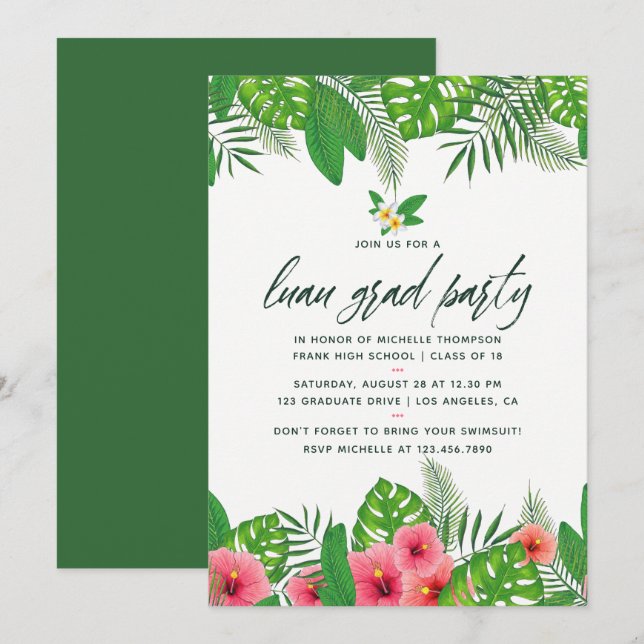 Luau-Graduiertenparadies Tropical Watercolor Einla Einladung (Vorne/Hinten)