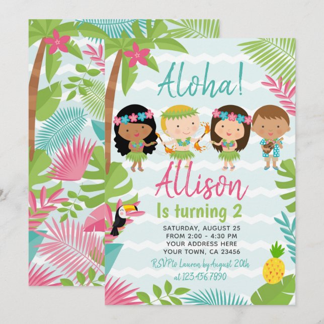 Luau Hawaiian Birthday Einladung (Vorne/Hinten)