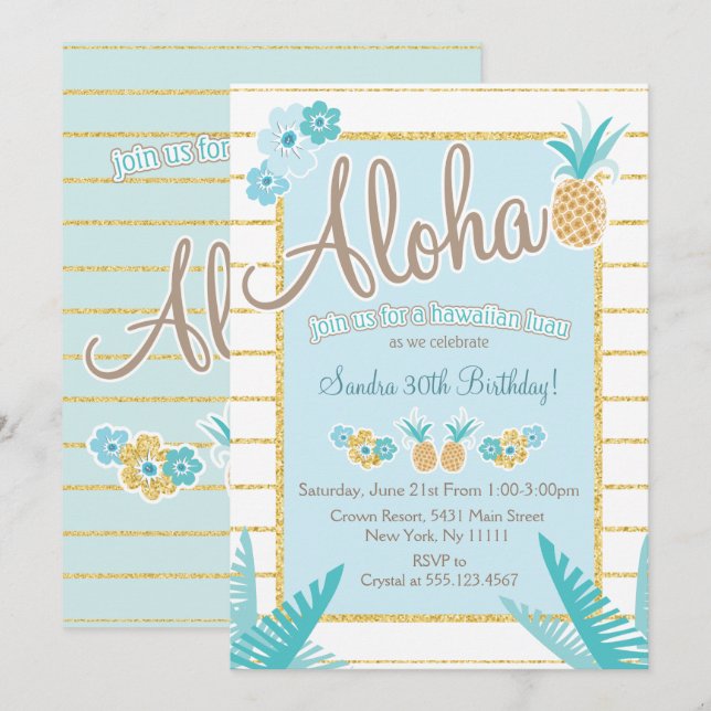 Luau, Hawaiian Pineapple Party Invitations (Devant / Derrière)