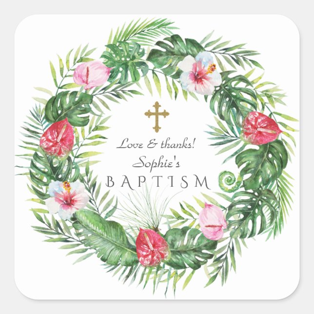 Luau Hawaiian Tropical Blume Wreath Baptisse Quadratischer Aufkleber (Vorderseite)