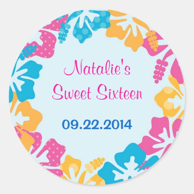 Luau Hibiscus Sweet sixteen (16) Favor Sticker (Devant)