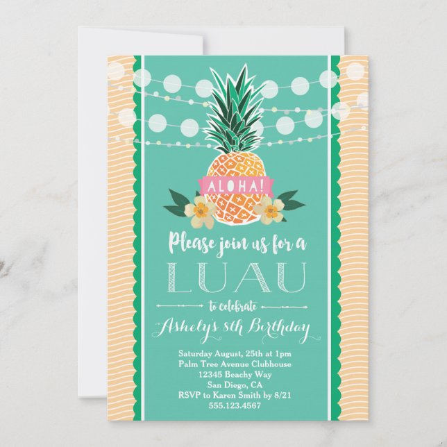 Luau Party Einladung für Geburtstag, Dusche etc<a (Vorderseite)