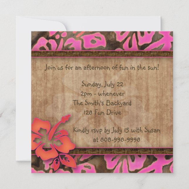 Luau Party Einladung Hibiskus Pink Brown Orange (Vorderseite)