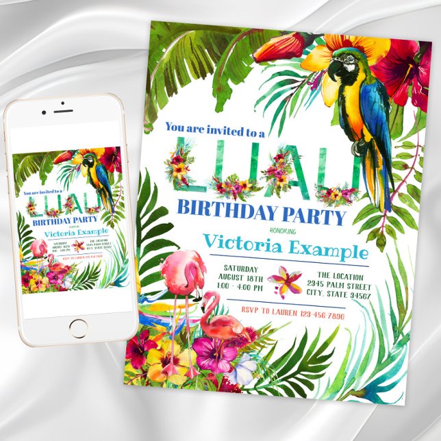 Luau Party Einladungen (Colorful luau birthday party invitation. Instant download and printed invitations available.)