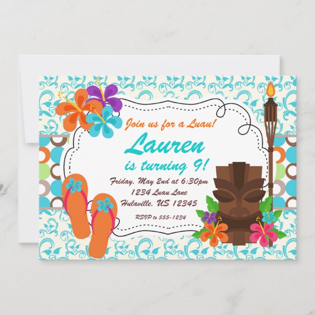 Luau Party Invite, Türkis Damask und Tiki Man Einladung (Vorderseite)
