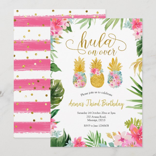 Luau Pineaple Girl Birthday Einladung (Vorne/Hinten)