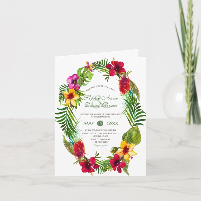 Luau Radiant Tropical Floral Wreath Wedding Einladung (Vorderseite)