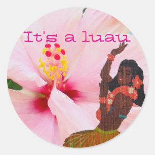 Luau rosa Hibiskus-und Gras-Rock Hula Mädchen Runder Aufkleber