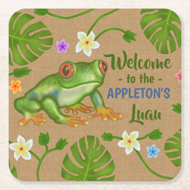 Luau Sommer-Party-tropischer Frosch-hawaiischer Rechteckiger Pappuntersetzer (Vorderseite)