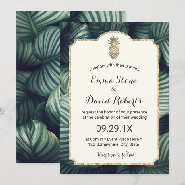 Luau Tropical Blätter Gold Ananas Hochzeit Einladung (Vorne/Hinten)