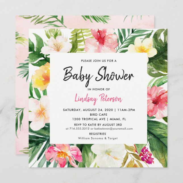Luau Tropical Blätter Summer Square Baby Shower Einladung (Vorne/Hinten)