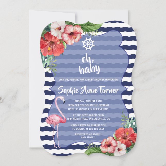 Luau Tropical Flamingo Navy Stripes BABY SHOWER Einladung (Vorderseite)
