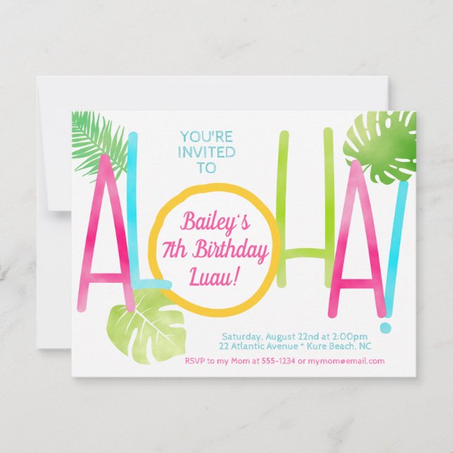 Luau Tropical Pink Blue & Green Aloha Birthday Einladung (Vorderseite)