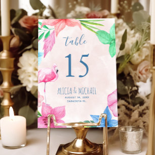 Luau tropischer Flamingo-Blumenkranz Hochzeit Tischnummer