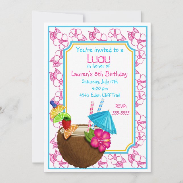 Luau Tropischer Kokosnuss Getränk Geburtstag Einla Einladung (Vorderseite)