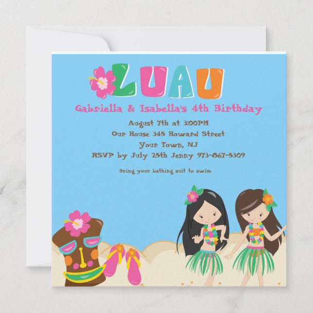 Luau Twin Girl und Tiki Square Einladung (Vorderseite)