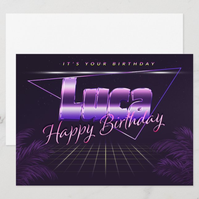 Luca Nom Prénom lila retro Carte Anniversaire (Devant / Derrière)