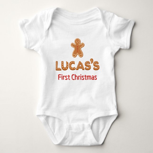 Lucas's First Christmas Gingerbread Personalisiert Baby Strampler (Vorderseite)