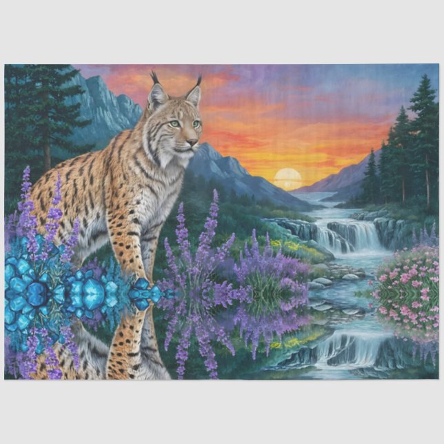 Luchs bei Sonnenaufgang durch Wasserfall Seidenpapier (Vorderseite)