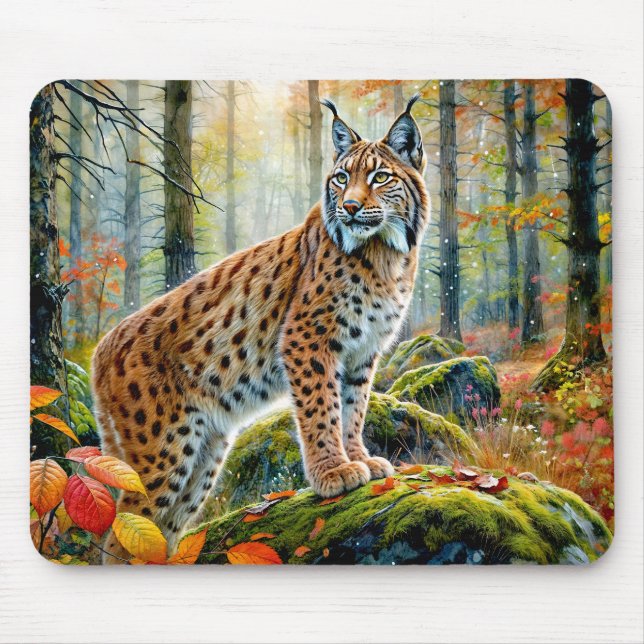 Luchs im herbstlichen Wald Aquarell Mousepad (Vorne)
