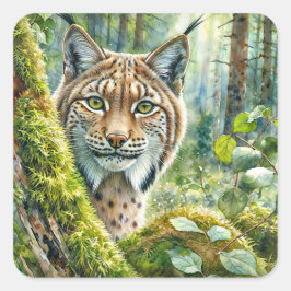 Luchs in üppig grünem Wald Quadratischer Aufkleber