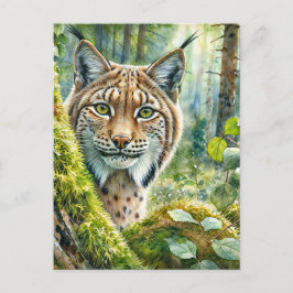 Luchs in üppig grünem Wald Wasserfarbe Postkarte