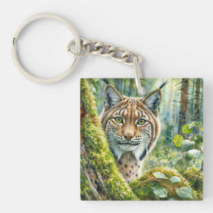 Luchs in üppig grünem Wald Wasserfarbe Schlüsselanhänger