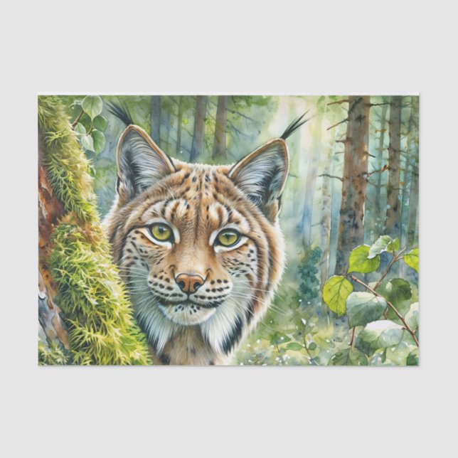 Luchs in üppig grünem Wald Wasserfarbe Seidenpapier (Vorderseite)