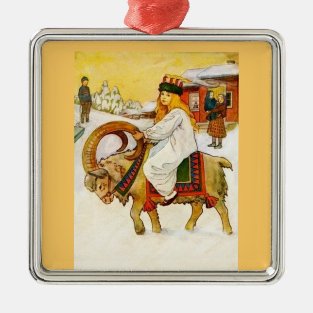 Lucia Riding a Christmas Goat Silbernes Ornament (Vorne)