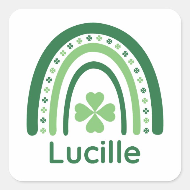 Lucille Name Clover Boho Rainbow Quadratischer Aufkleber (Vorderseite)